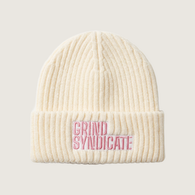 Grind Syndicate beanie in Ivory / Pink Logo on a plain bone background
